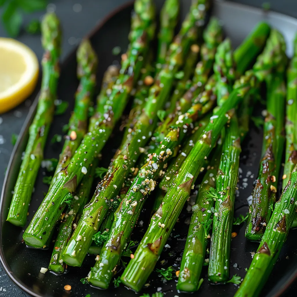 A plate of asparagus with lemon wedges on top.