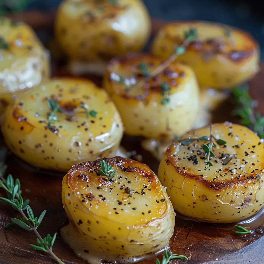 Soft potatoes arranged on a wood tray.