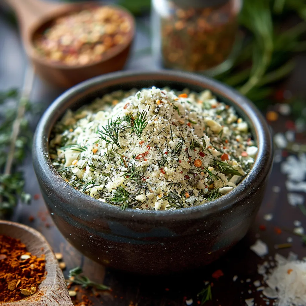 A bowl of seasoning with a spoon in it.
