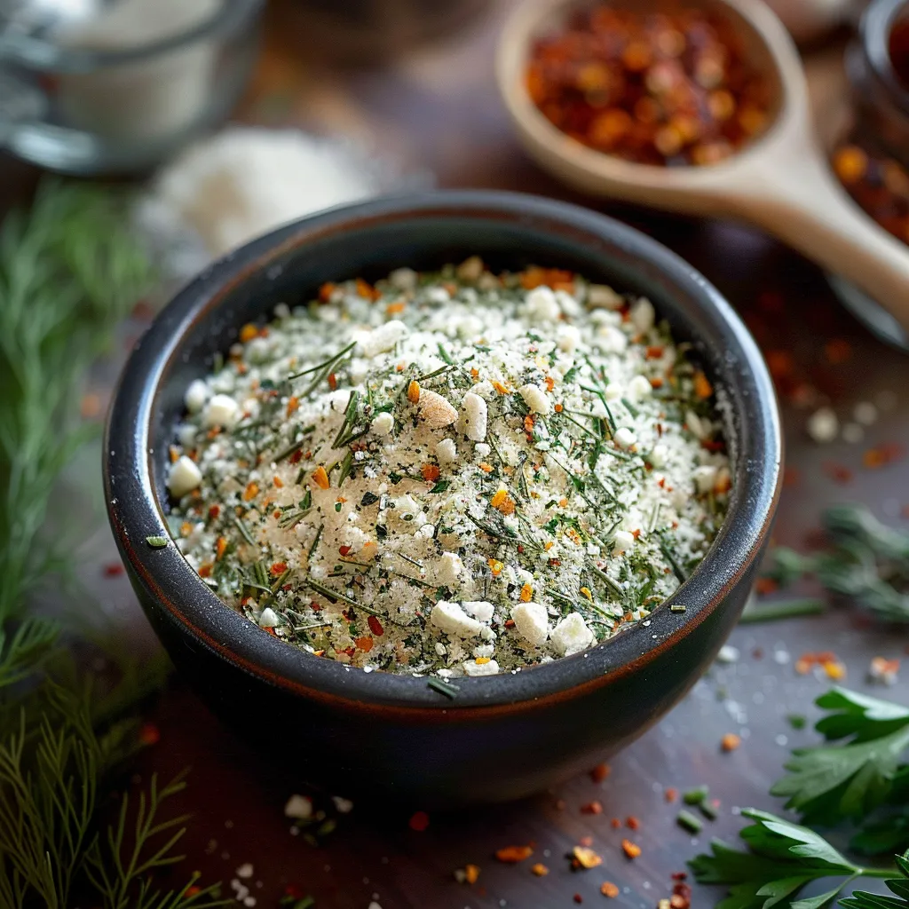 A bowl of seasoning with a spoon.