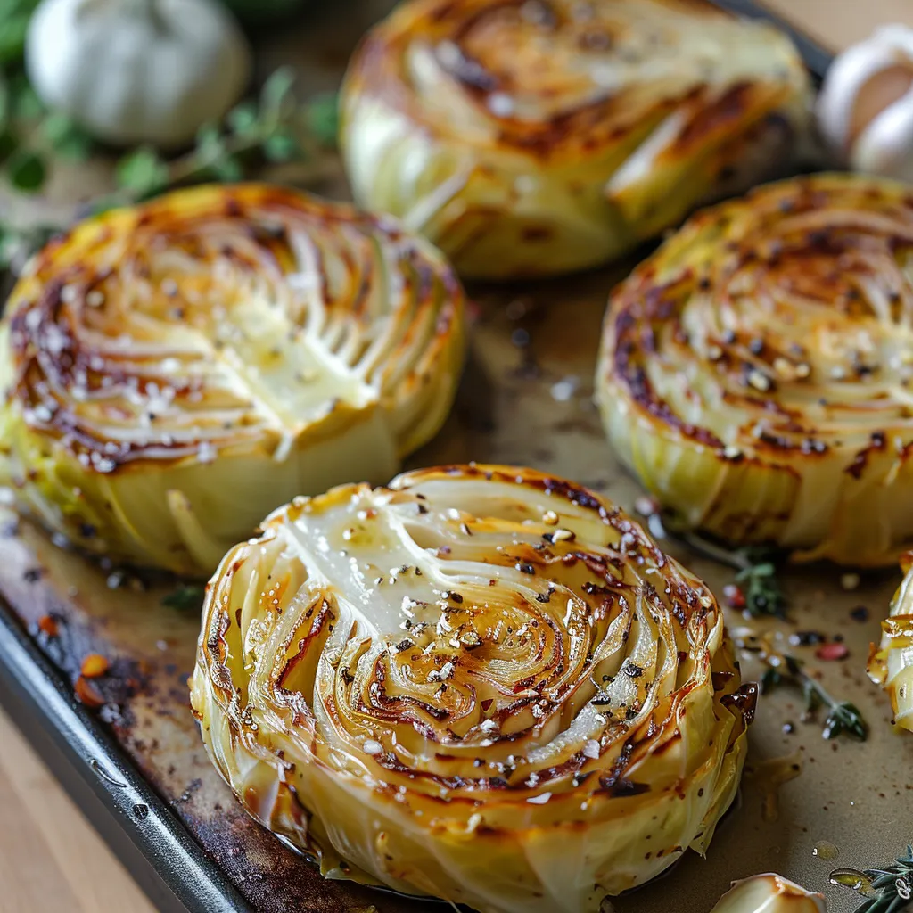 Close-up of a crispy roasted cabbage slice in a pan.