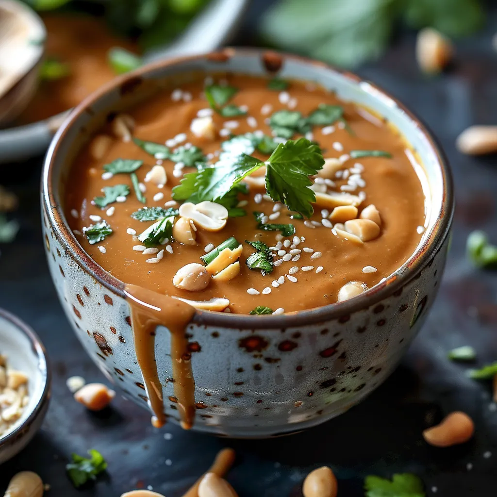Fresh peanut dip in a simple bowl with garnishes.