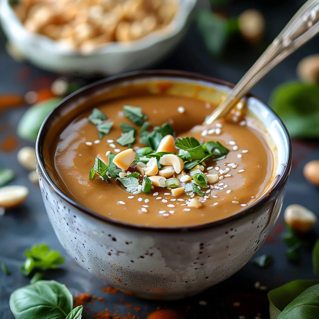 A bowl of soup with a spoon in it.