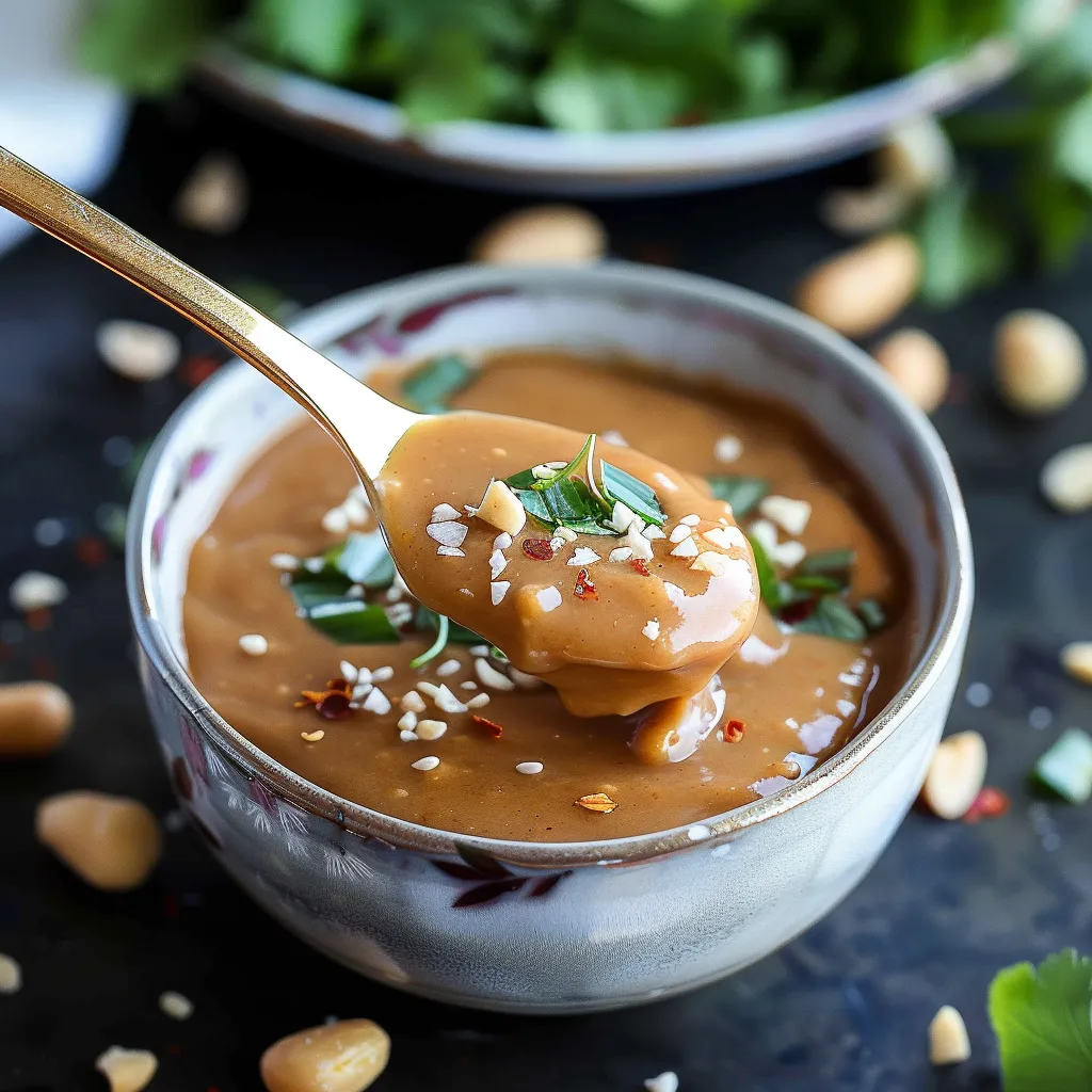A bowl of soup with a spoon in it.
