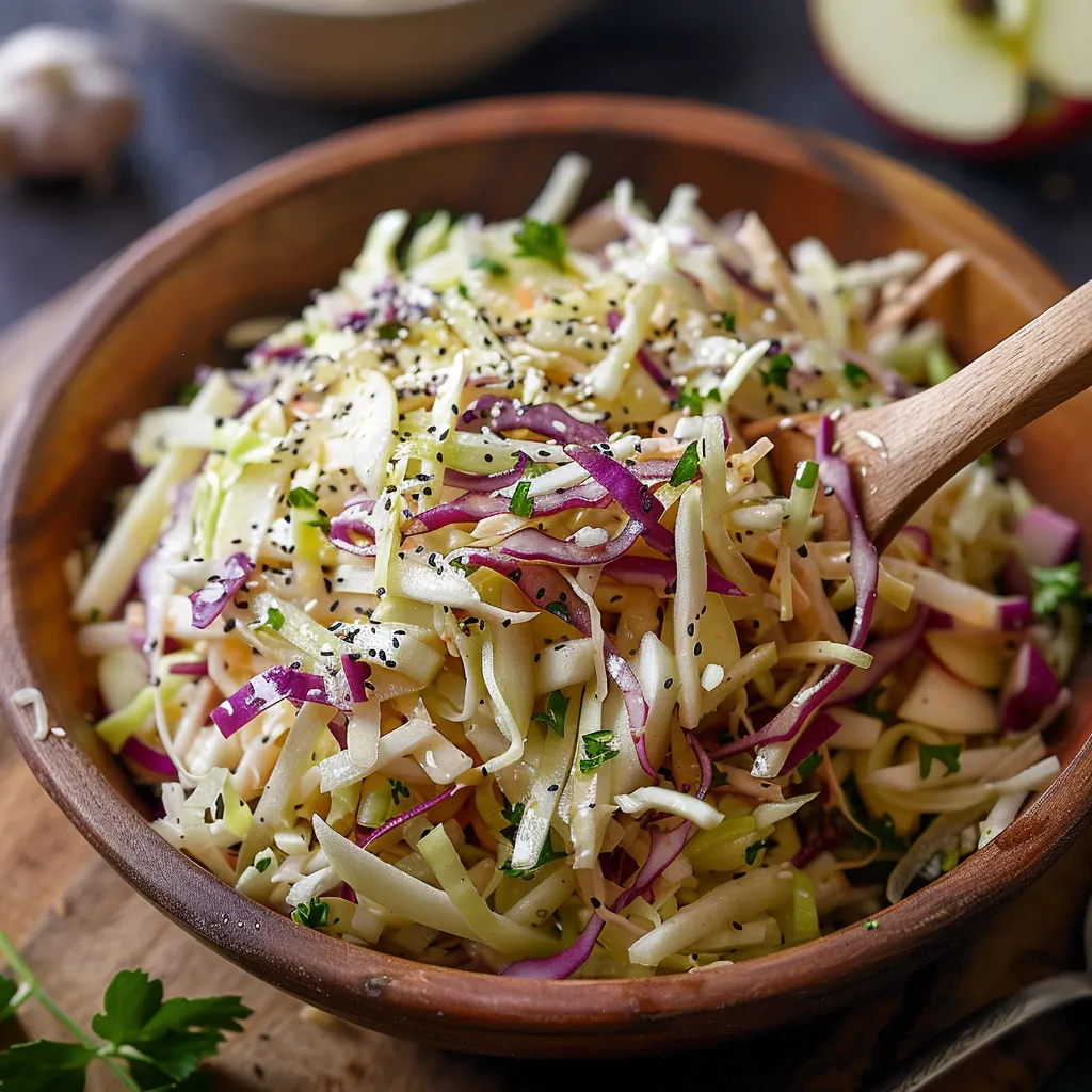 A plate of fresh cabbage slaw with apples and onions.