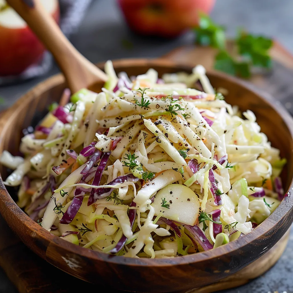 A wooden bowl filled with coleslaw.