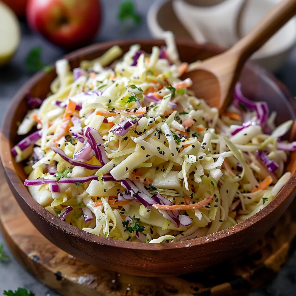 A wooden bowl filled with coleslaw.
