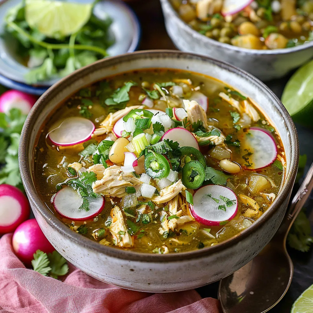 A bowl of soup with chicken, onions, and peppers.