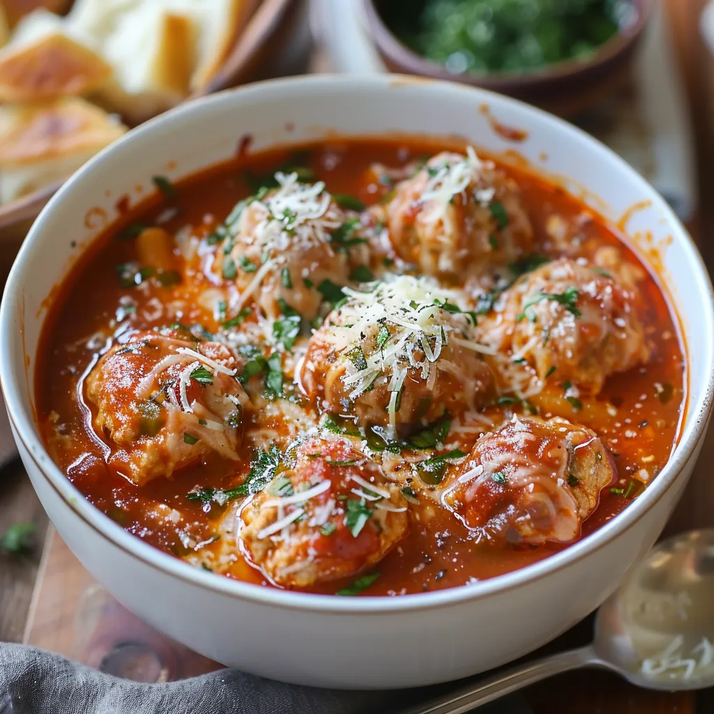 Meatballs and tomato broth in a bowl.