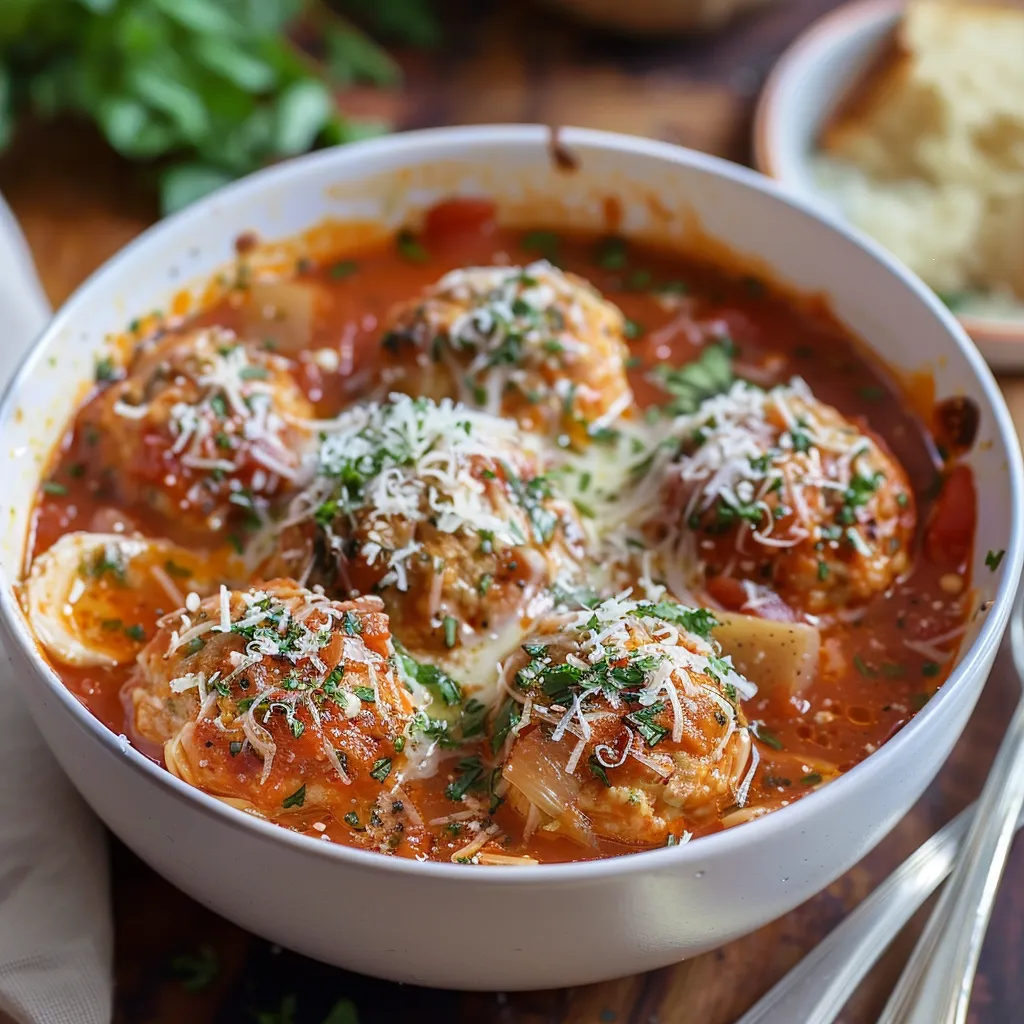 A bowl of food with meatballs and sauce.
