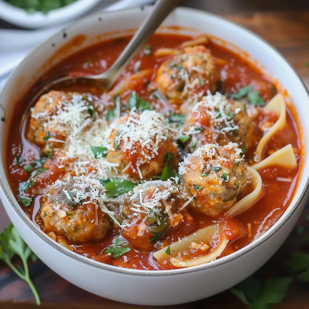 A bowl of pasta with meatballs and sauce.