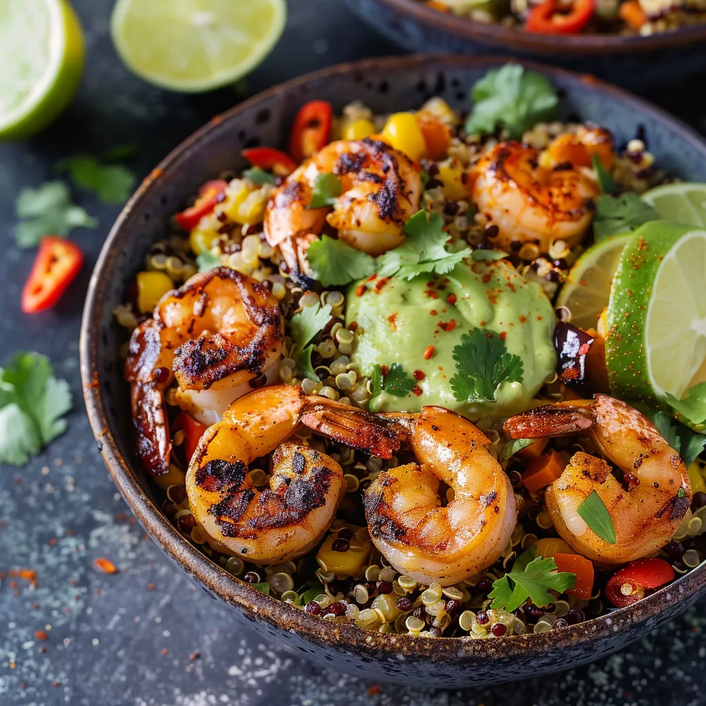 A bowl of shrimp and vegetables.