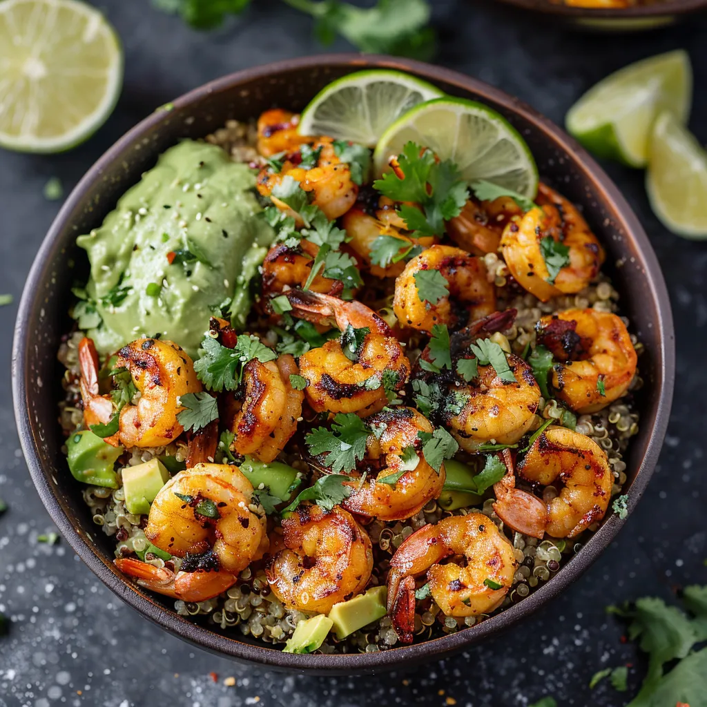 A bowl of shrimp and avocado with a dollop of guacamole.