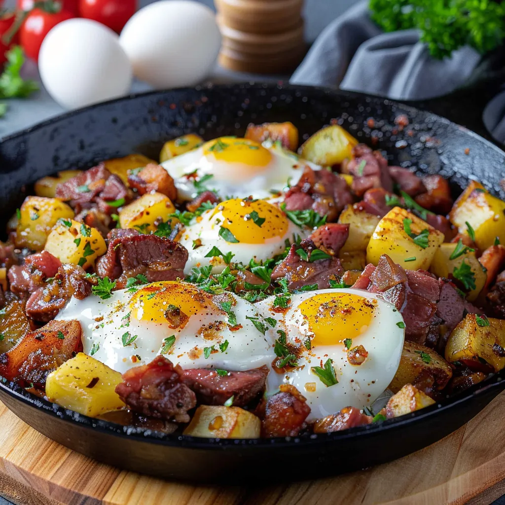 A plate of food with eggs and potatoes.
