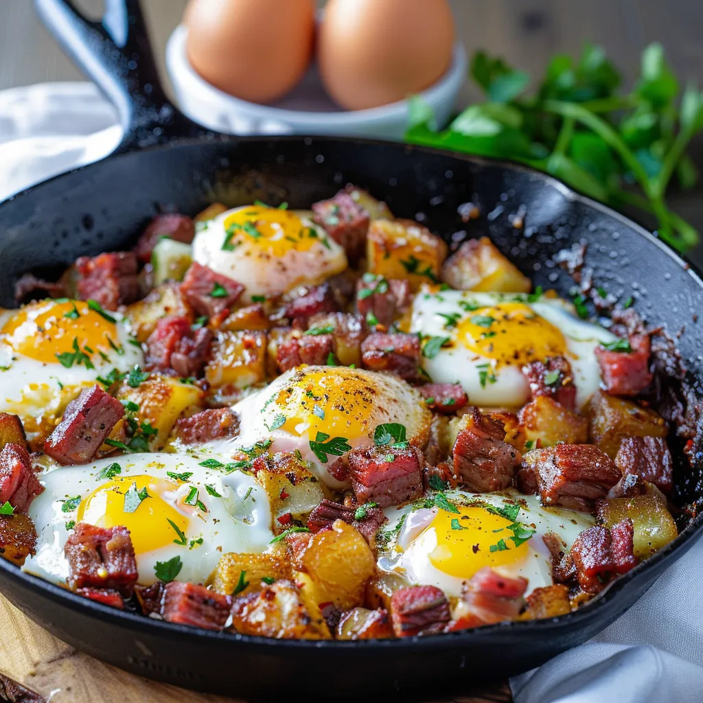 A skillet with eggs and potatoes.