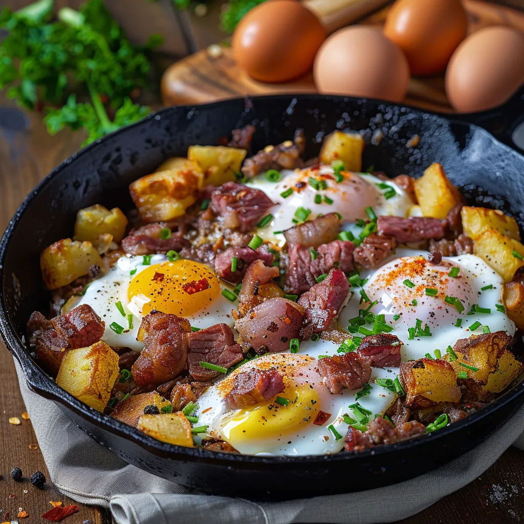 A skillet of potatoes and eggs.