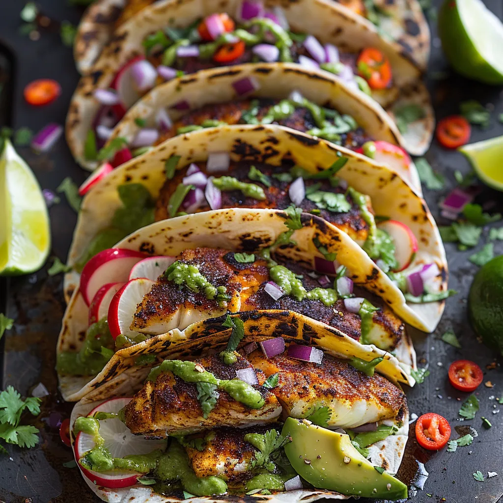 Loaded fish tacos with fresh peppers on a tray.