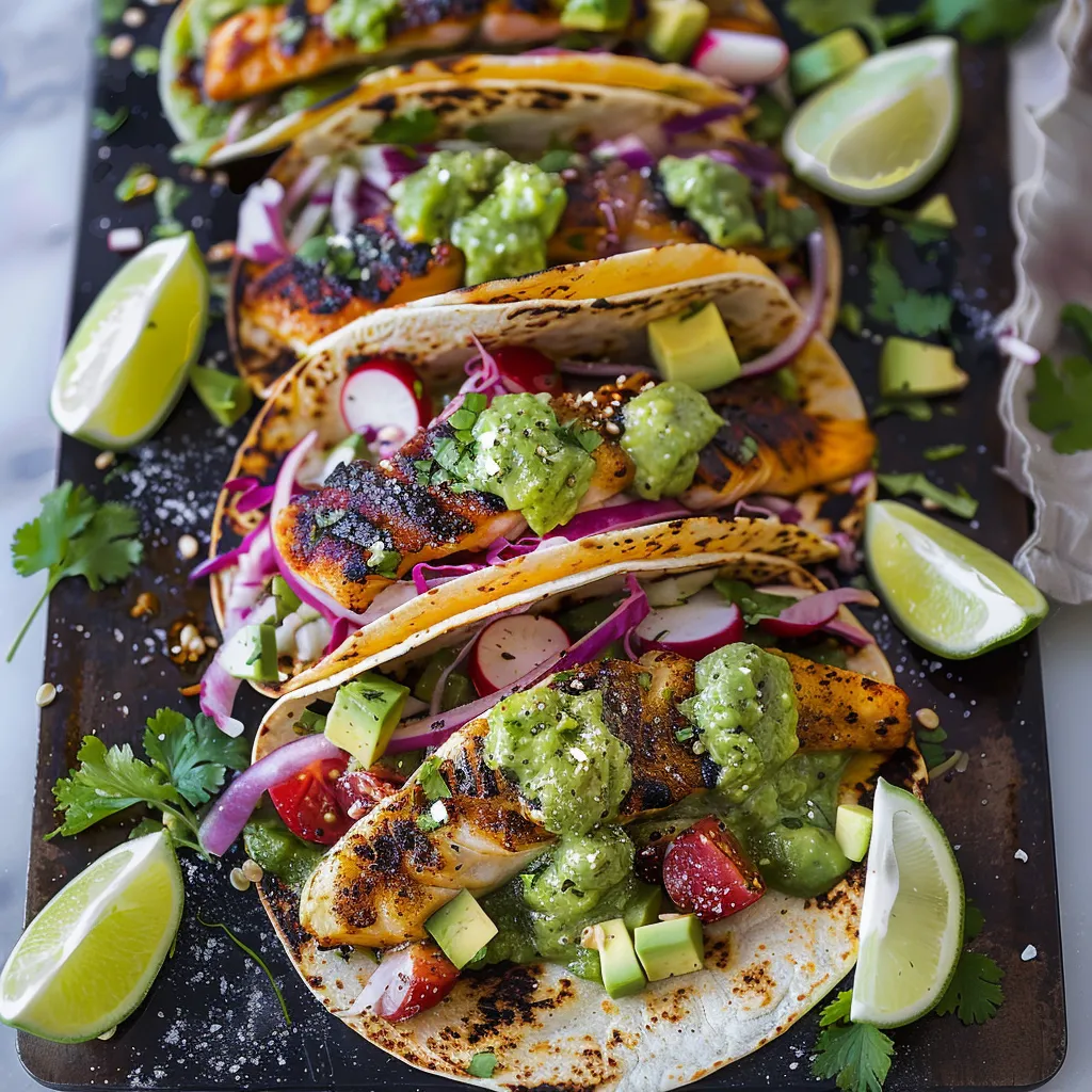 A plate of fish tacos with avocado and salsa.