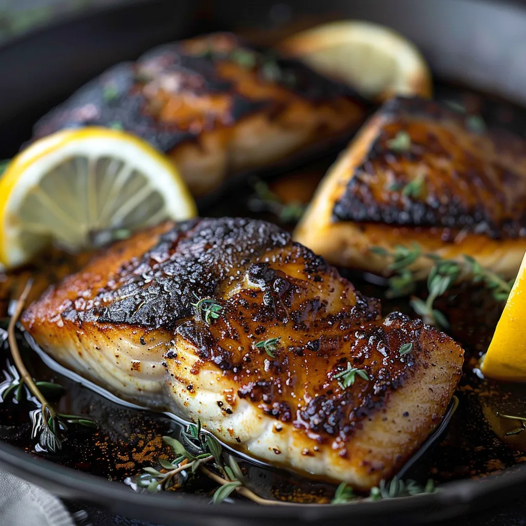 Cooked fish with lemon slices on top in a pan.