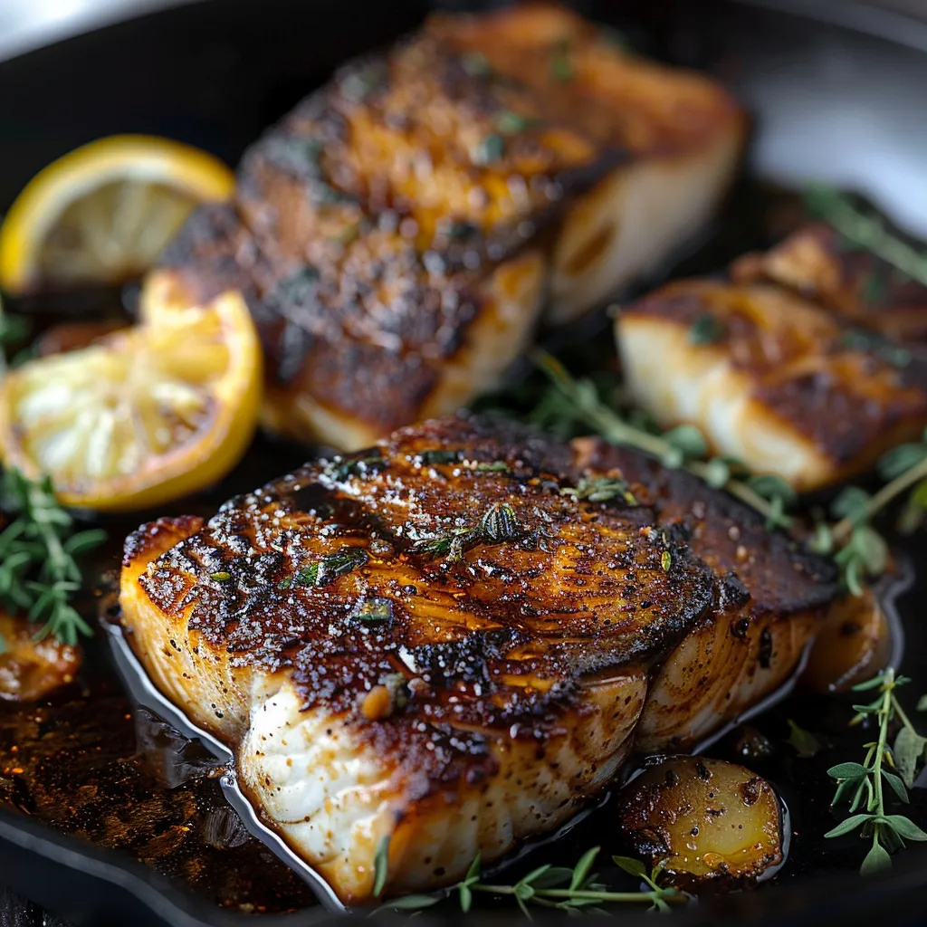 A pan of fish with lemon slices on top.