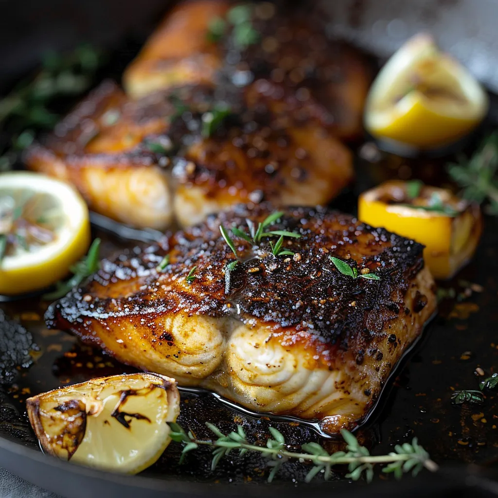 A pan of fish with lemon wedges and herbs.