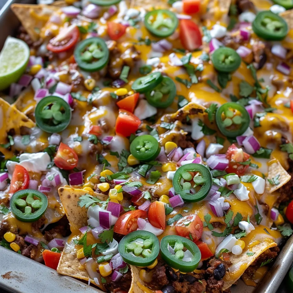 Nachos with fresh jalapeños and tomatoes on a pan.