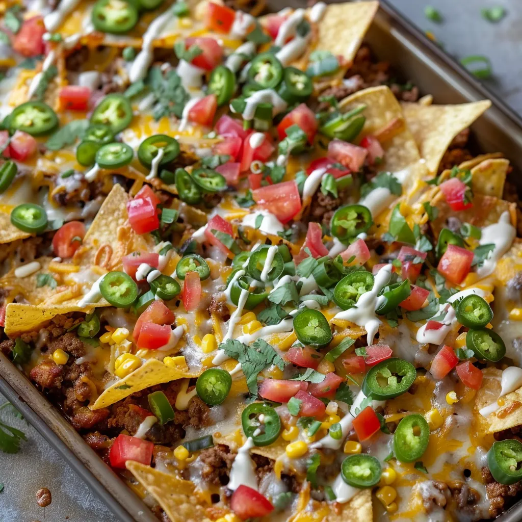 A pan of nachos with cheese and jalapenos.