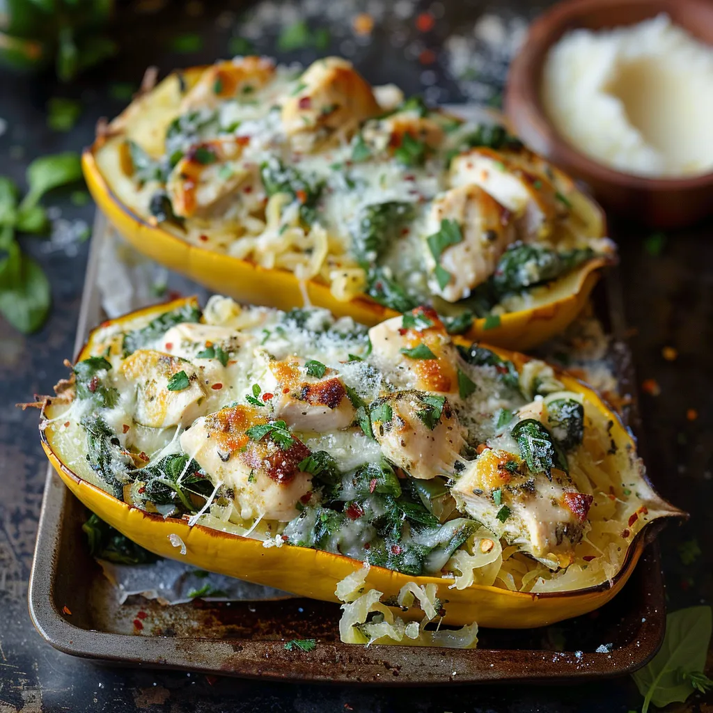 Two yellow squash halves stuffed with chicken and a cheese topping.