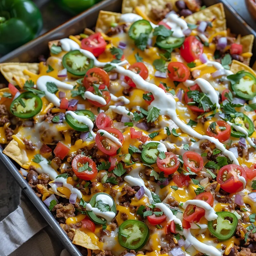 A pan of nachos with tomatoes, jalapenos, and cheese.