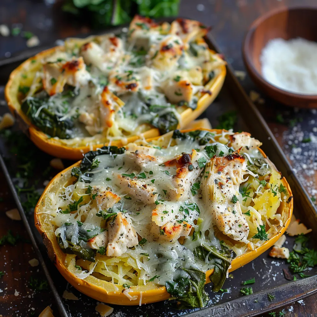 Two baked chicken and spinach stuffed squash halves.