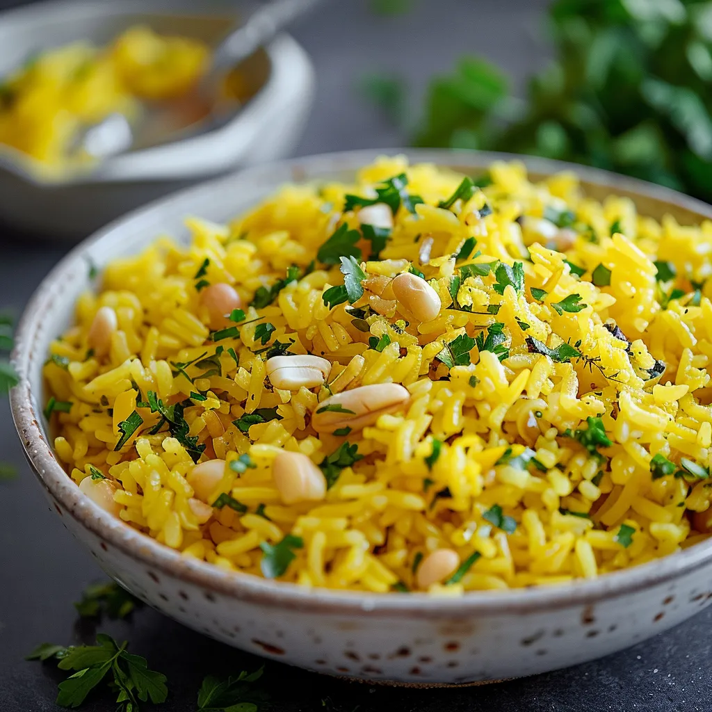 Golden rice in a bowl with herbs.