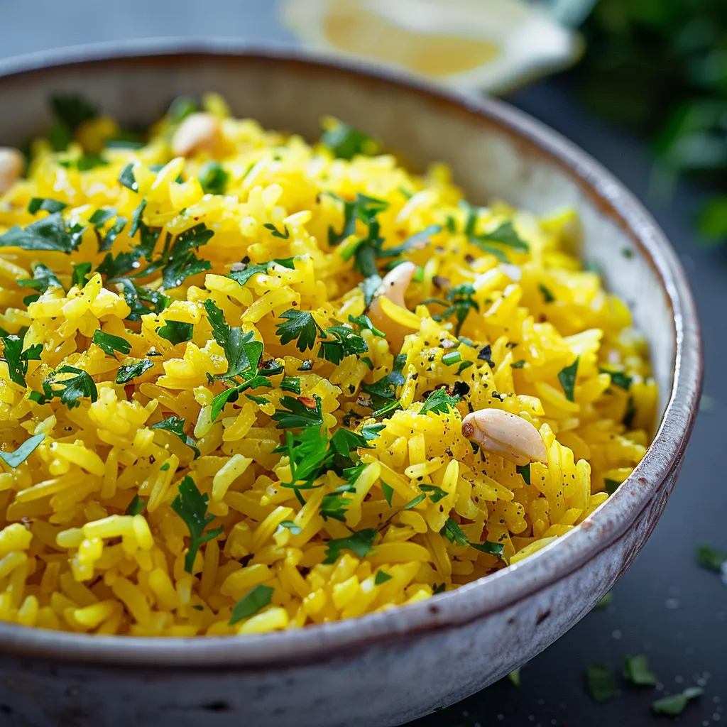 A bowl of rice with herbs on top.