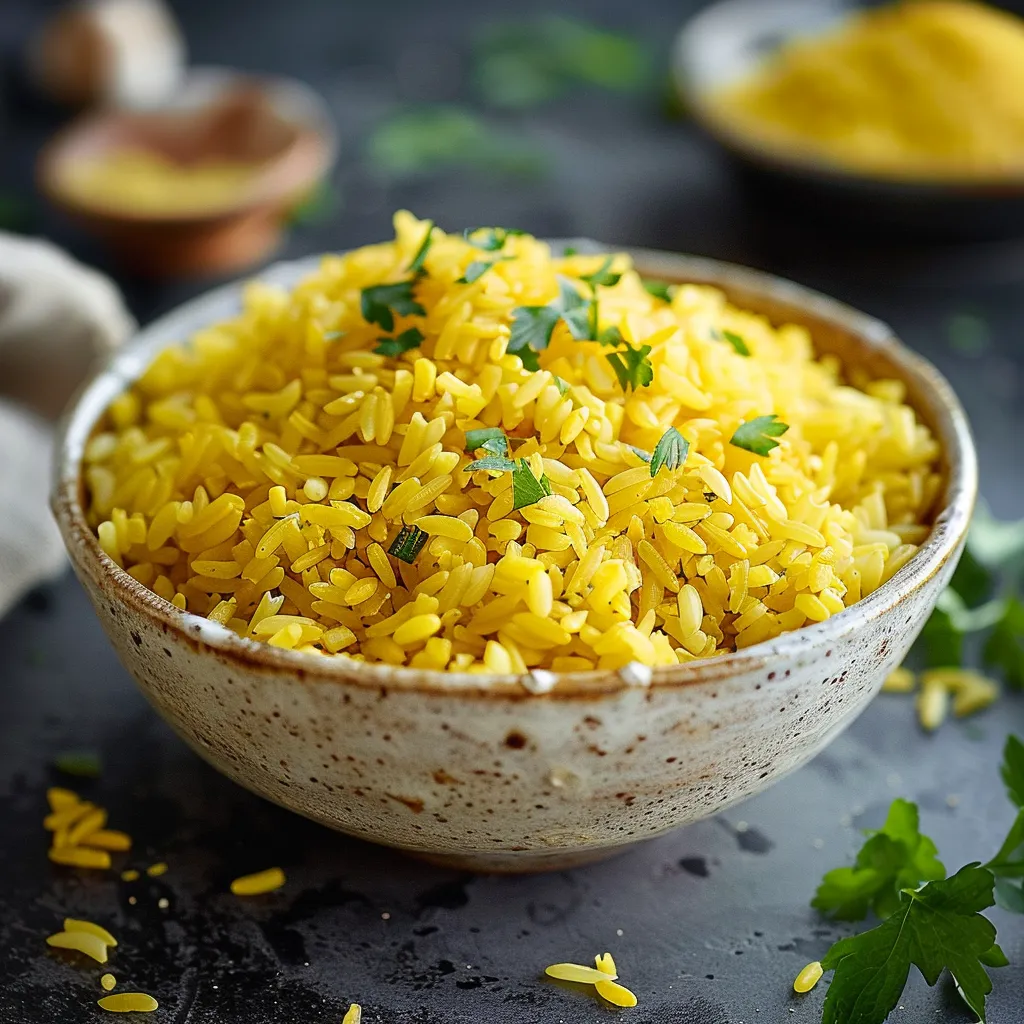 A bowl of rice with green herbs on top.