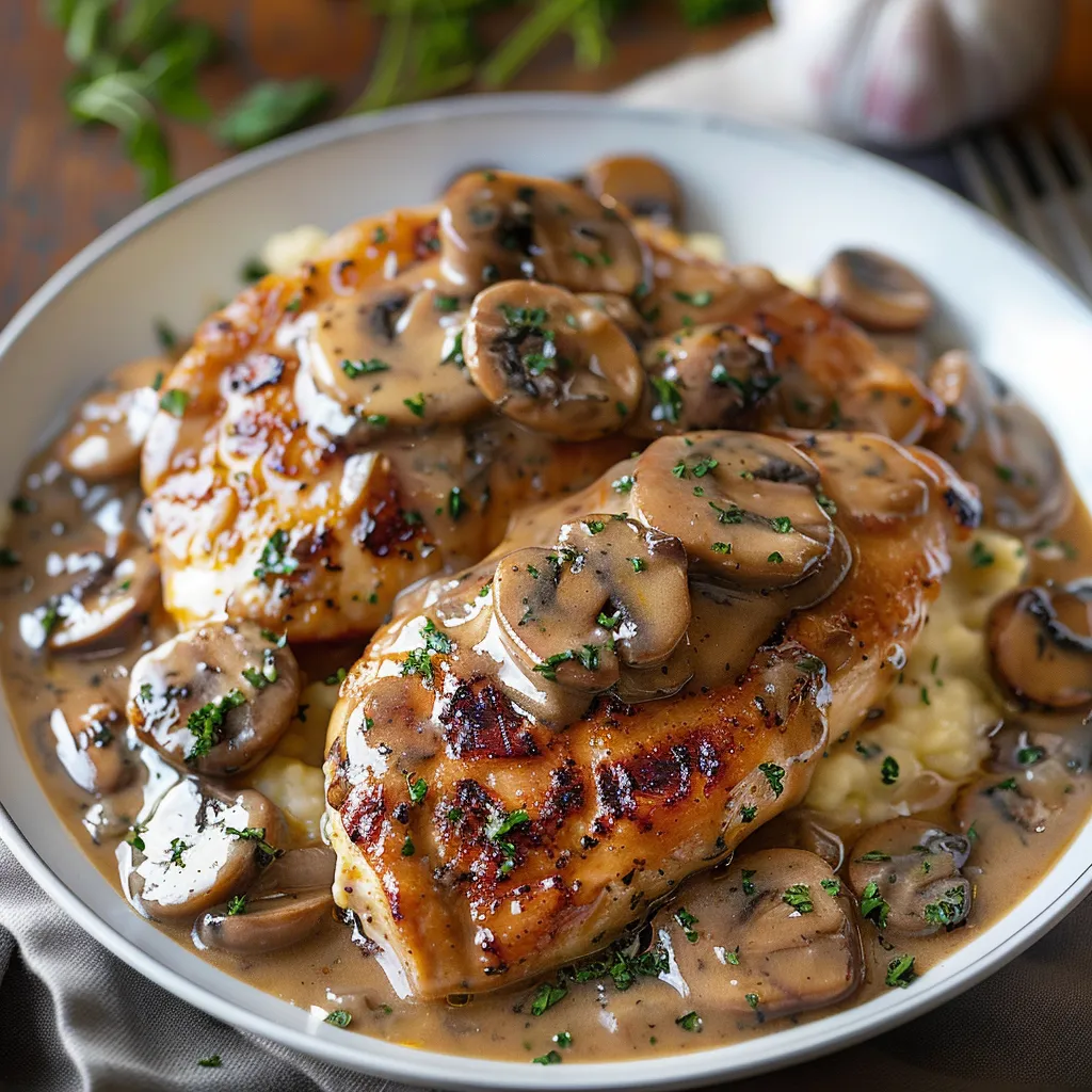 A serving of chicken with mushrooms and a creamy sauce.