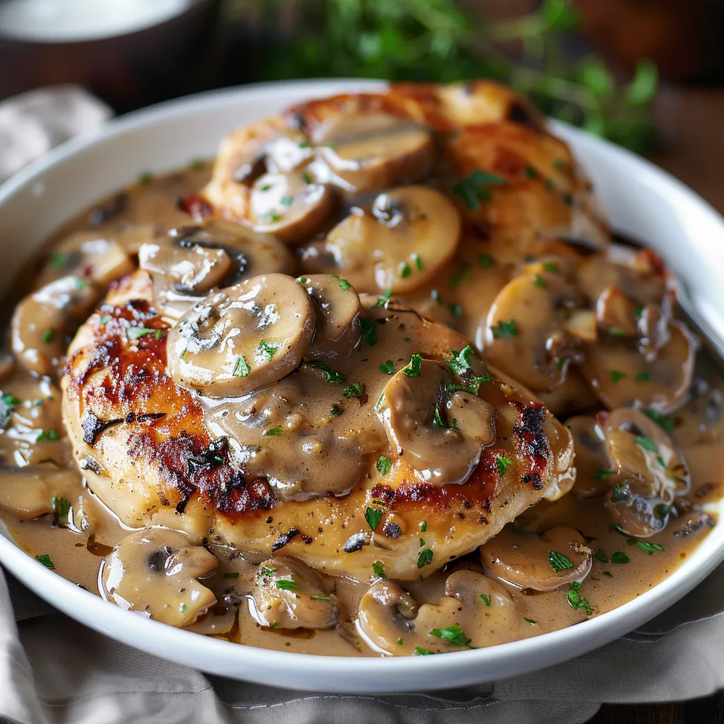 A plate of chicken covered in mushrooms and gravy.