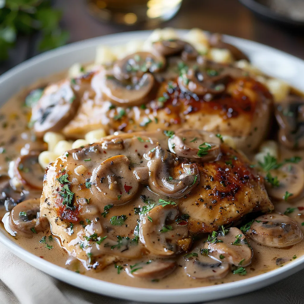 A plate of food with mushrooms and chicken.