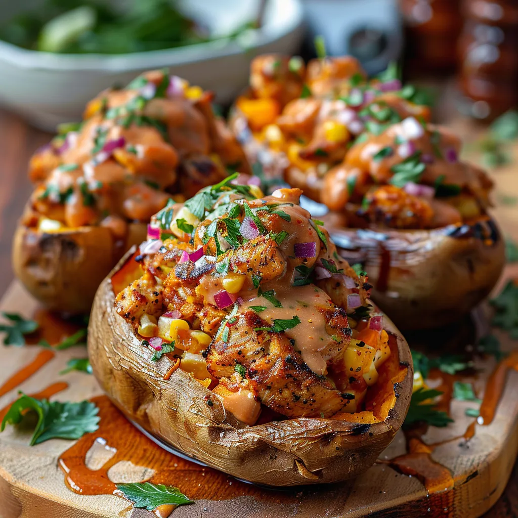 A dish of loaded sweet potatoes with BBQ chicken.