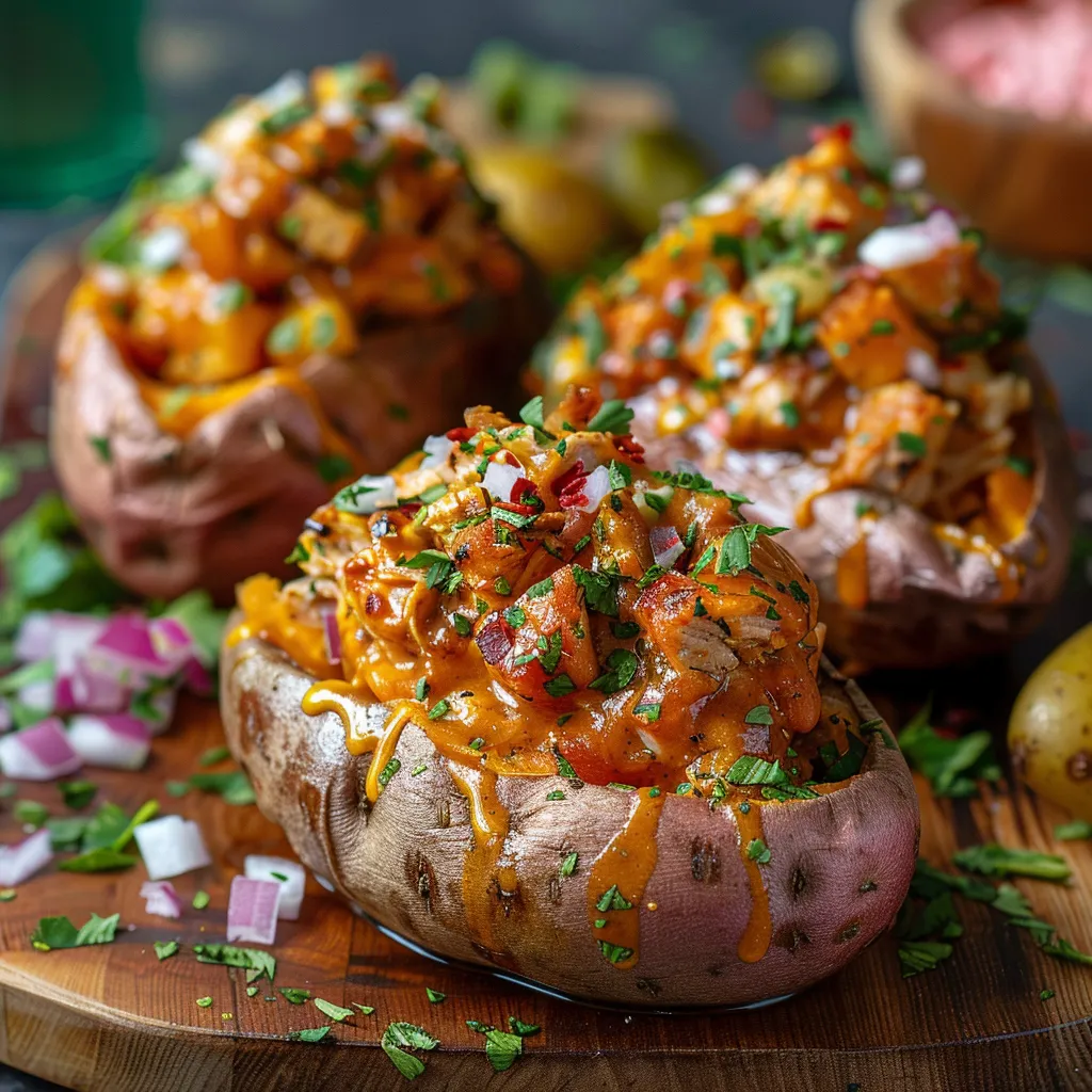Three potatoes with sauce on them.