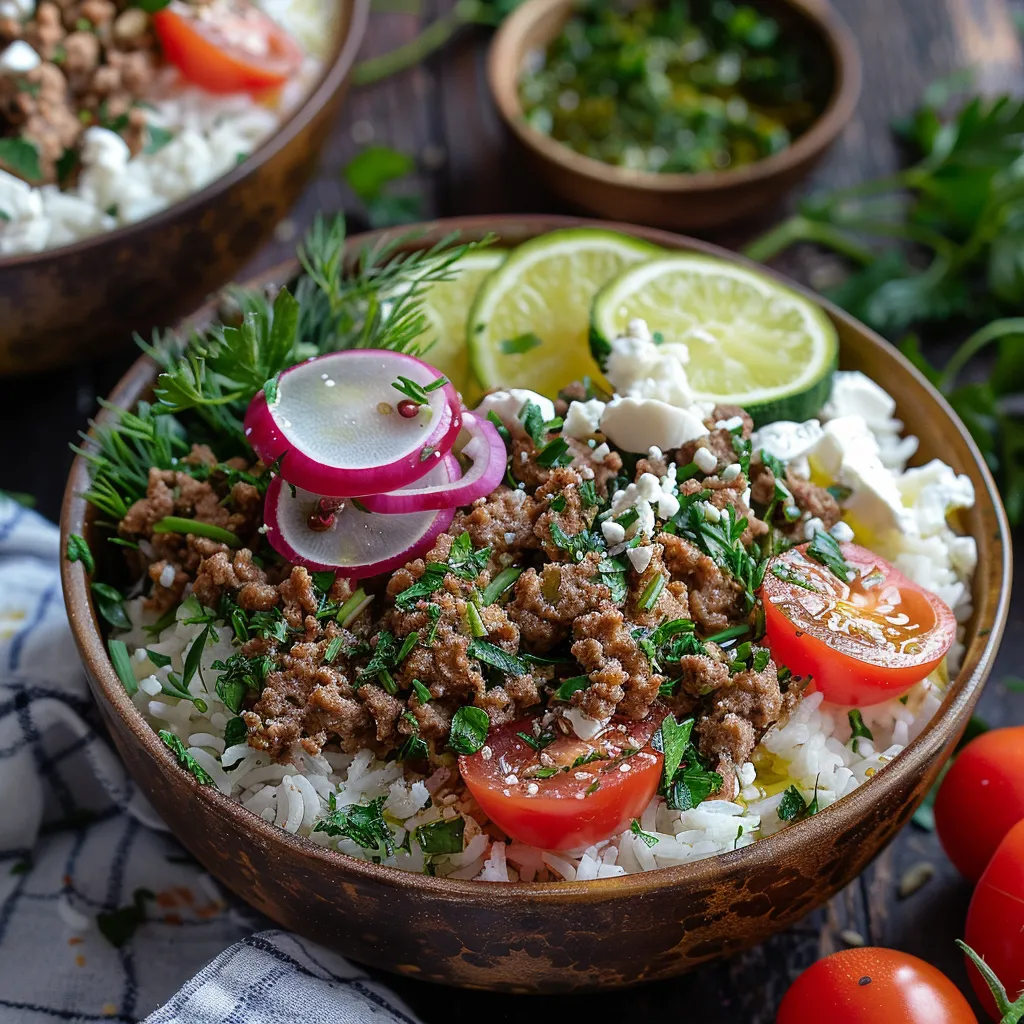 A bowl of food with rice, meat, tomatoes, and limes.