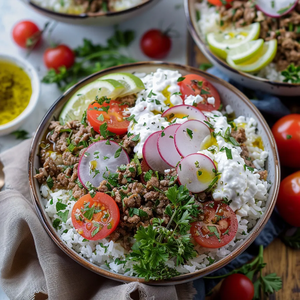 A bowl of food with meat, tomatoes, and lettuce.