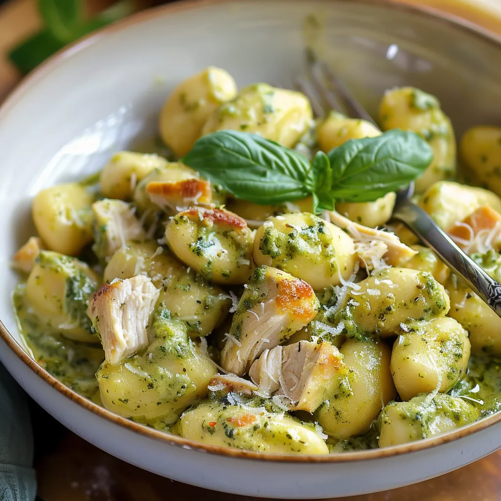 A delightful bowl of pasta with chicken and leafy greens.