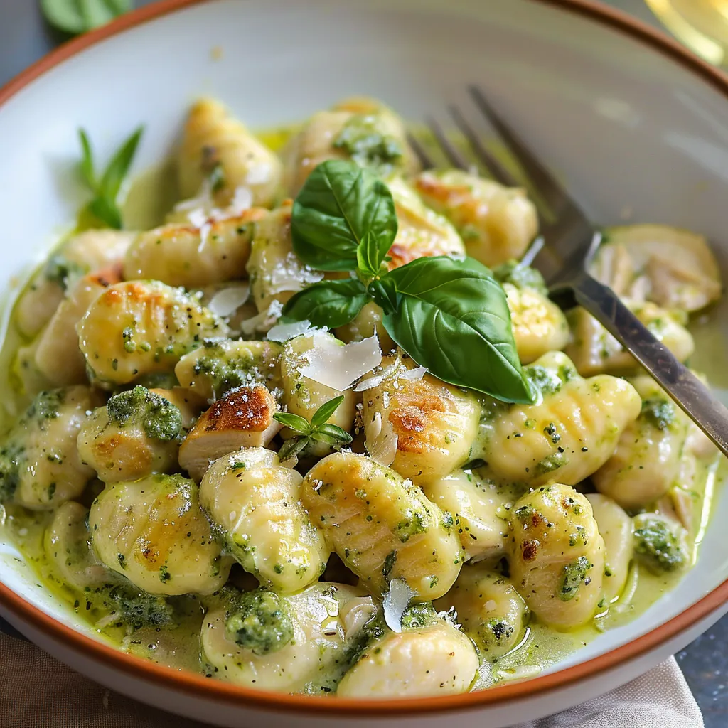 A bowl of pasta with sauce and herbs.