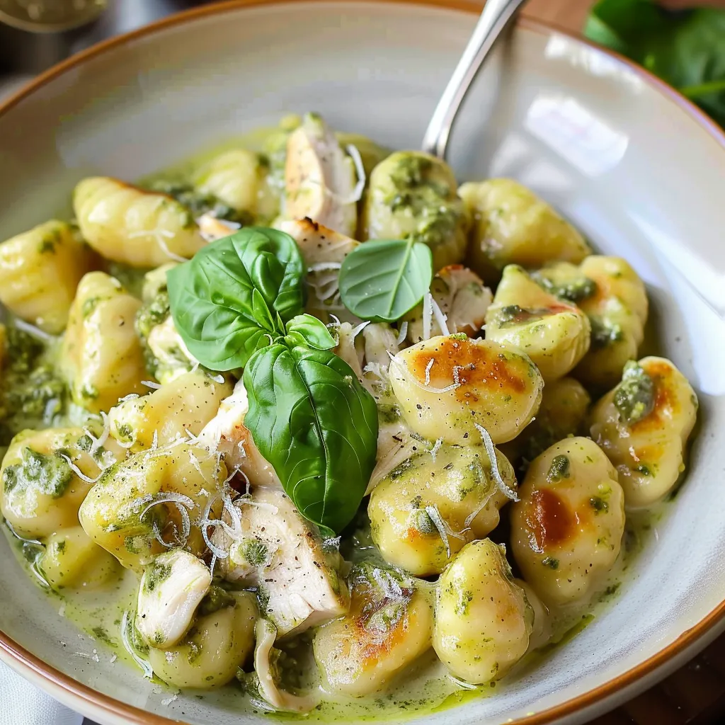 A bowl of pasta with chicken and spinach.