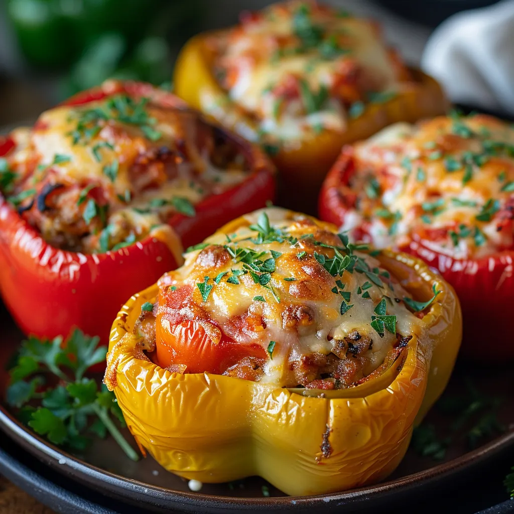 Four peppers with cheese and tomatoes on a plate.