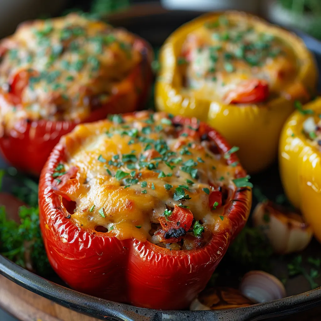Four peppers with cheese and herbs.