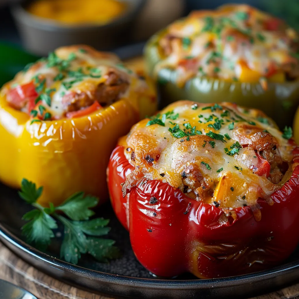 Plate of cheesy stuffed peppers with turkey filling.