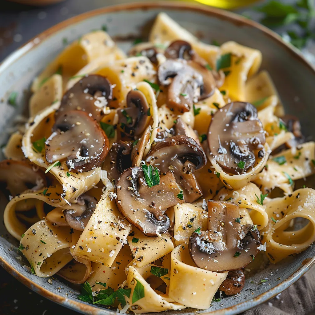 A plate filled with pasta, mushrooms, and grated cheese.
