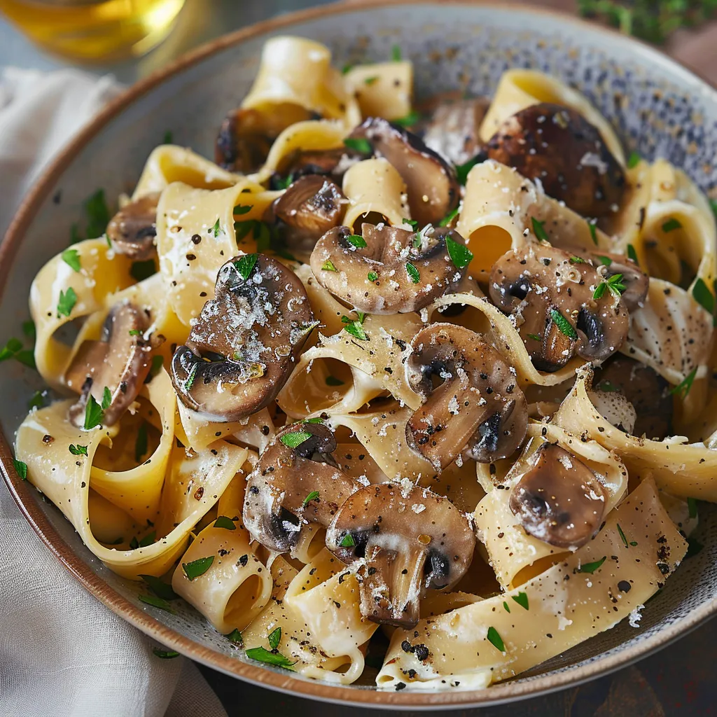 A bowl of pasta with mushrooms and cheese.