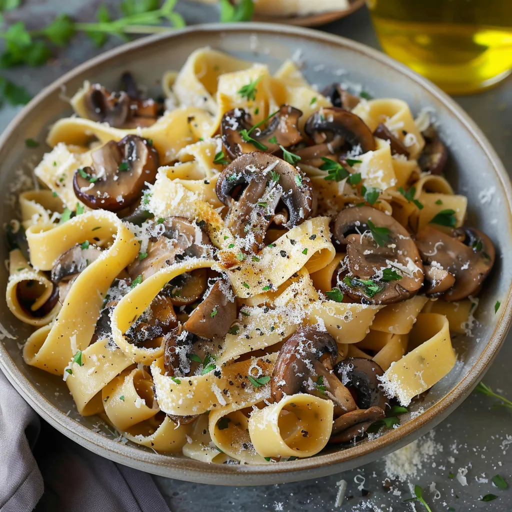 A bowl of pasta with mushrooms and cheese.
