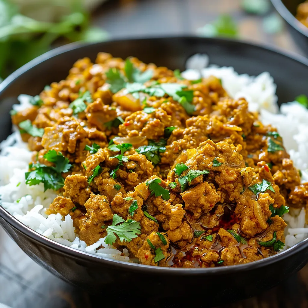 Bowl with rice topped with flavorful meat dish.